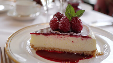 A slice of creamy cheesecake topped with luscious raspberry coulis, presented on a delicate china plate.