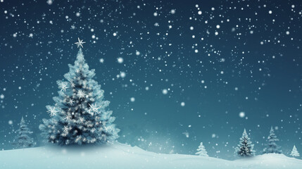 lighted isolated christmas tree in idyllic blue snowy landscape, greeting card banner concept with copy space for december holiday season, christmas background