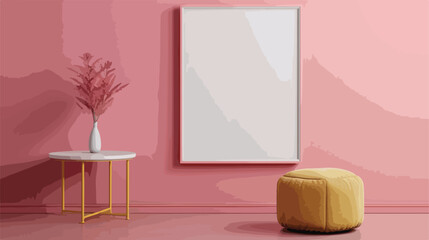 Blank frame with table and pouf near pink wall Vector