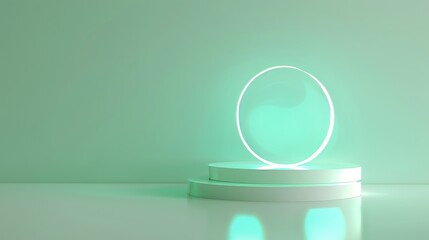 circular display pdium stand, product placement, minimalism, white space, light green lighting background, copy and text space, 16:9