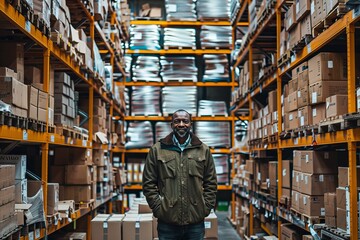 A happy and confident man stands with his hands in pockets in the central aisle of a well-organized warehouse, surrounded by rows of stocked shelves.