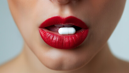 Obraz premium A woman is taking a pill in her mouth . The pill is white and small. The woman has a bright smile on her face