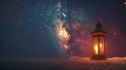  A solemn scene intertwining Memorial Day, the Lantern Festival, and a single lantern, against the backdrop of the Milky Way galaxy. - obrazy, fototapety, plakaty