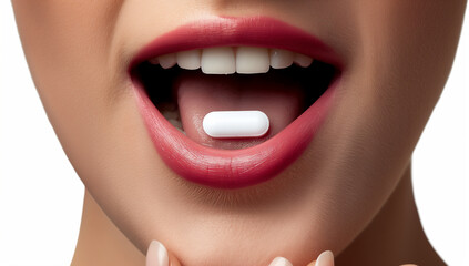 Obraz premium A woman is taking a pill in her mouth . The pill is white and small. The woman has a bright smile on her face