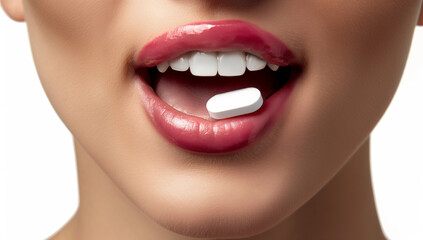 Obraz premium A woman is taking a pill in her mouth . The pill is white and small. The woman has a bright smile on her face