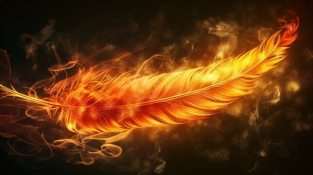 Vibrant burning Feather Floating on Black Background