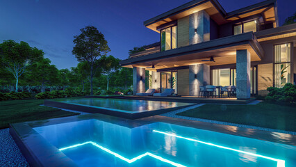 3d rendering of modern two story house with gray and wood accents, large windows, parking space in the right side of the building. Clear summer night with many stars on the sky.