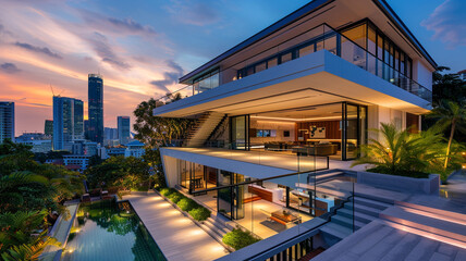 An impressive modern residence with a floating staircase leading up to a rooftop terrace,...