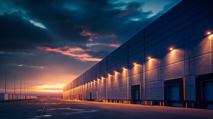 An illuminated modern and clean warehouse at night parked lot of trailer outside