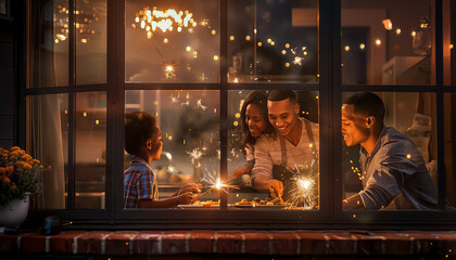 A man is smiling at a family dinner table with his children