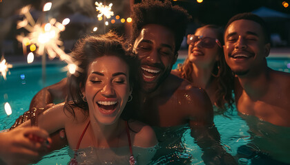 A group of people are smiling and posing for a picture with sparklers - Powered by Adobe