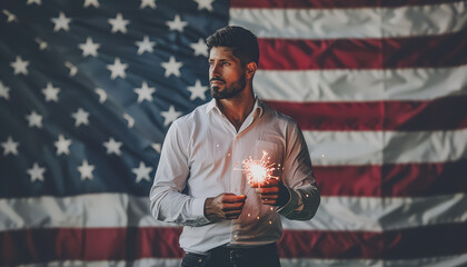 A man is holding a sparkler in front of an American flag