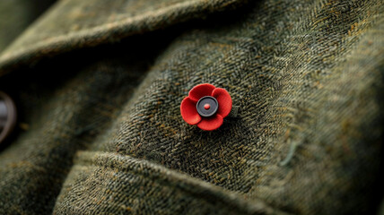red poppy pin on the chest pocket of veteran