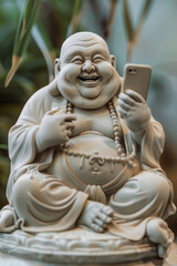 Smiling Hotei statue using a smartphone. Humor twist of digital