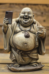 Fototapeta premium Laughing bronze Hotei with smartphone and tea cup