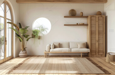 Fototapeta premium A minimalist living room with wooden floor, white walls and an arched window. The wall is decorated with decorative shelves holding plants or art pieces.