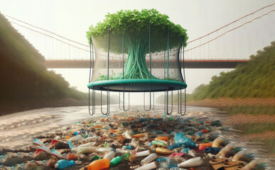 a bridge over a river pollution with a tree water pollution Generative ai