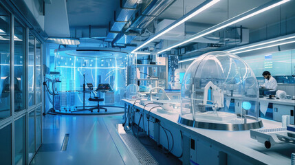 A lab with a man in a white lab coat working on a project