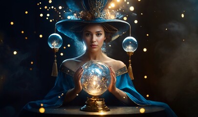 A beautiful woman storyteller is holding a magic ball which can tell a future. Ai generated