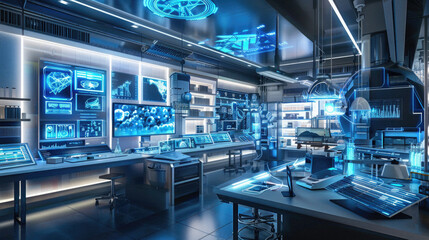 A futuristic lab with a blue ceiling and blue walls