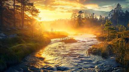 Golden light shining on wild river flowing down the mountain
