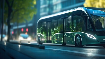 Electric Bus on the road with motion blur background. 3D illustration. Sustainable energy. Electric vehicle. Green Energy Concept with Copy Space. 