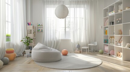 Bright and airy Scandinavian-style playroom with minimalist decor and ample natural light