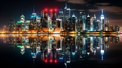 Urban skyline at night with illuminated skyscrapers