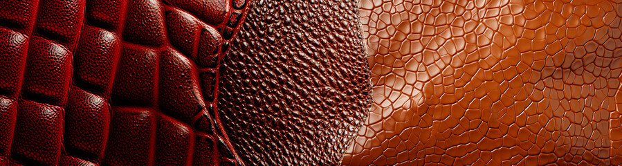 Genuine leather, colorful samples in a different colors, embossed under the skin reptile, fashion industry concept. Texture pattern for background