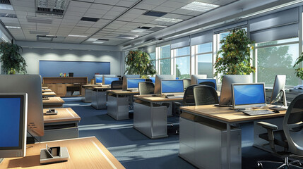 A large open office space with many desks and computer monitors