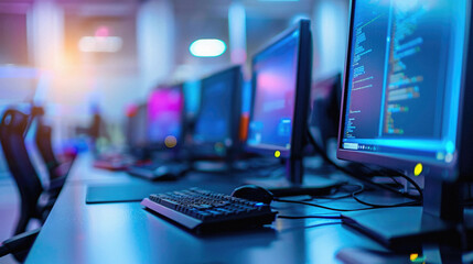 A computer desk with several monitors and keyboards