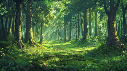 Deep forest fantasy landscape illustration.