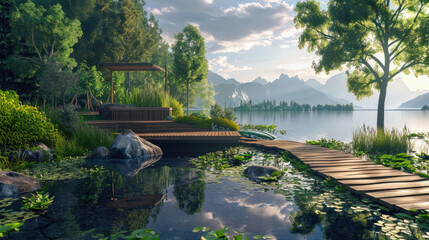 A serene lake with a wooden bridge and a gazebo
