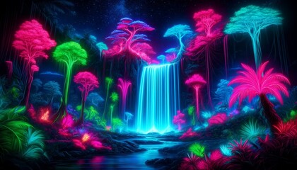 Enchanting neon-lit waterfall and fluorescent jungle under a starry sky, evoking serenity and wonder.
