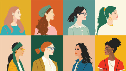Collage of different working young women on color background