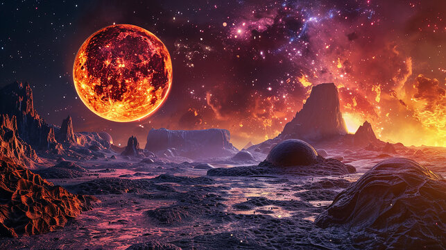 Landscape in fantasy alien planet with flaming moon.