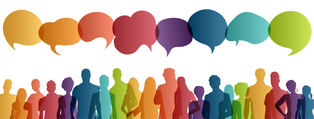 Communication across diverse cultures -  Multicultural dialogue represented by colored silhouette and speech bubbles of multiethnic individuals. Diversity equality inclusion. Front-view