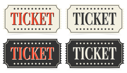Admit one ticket template set in black, white and red, vector - obrazy, fototapety, plakaty