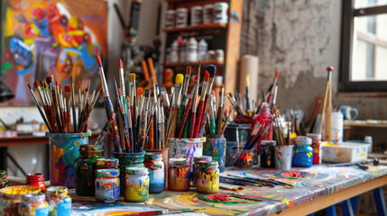 A messy art studio with many paint brushes and paint jars - Powered by Adobe