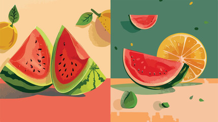 Collage of juicy watermelon and melon on color background