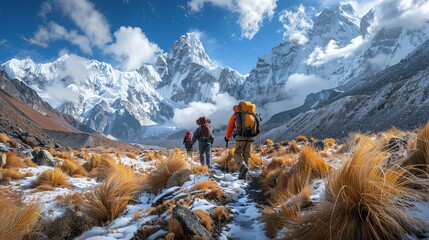 A lone hiker stands on a rocky mountain peak overlooking a vast snow-capped mountain range. The sky is grey and cloudy, and the hiker is wearing a bright orange backpack.