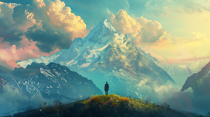 man standing on a hill looking at the strange mountain.