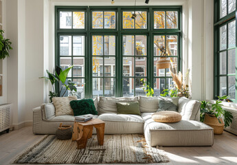an interior design in Amsterdam, bright living room with wood floor and green window frames, sofa, coffee table on the left side, small fireplace on right side, carpet with boho pattern on ground