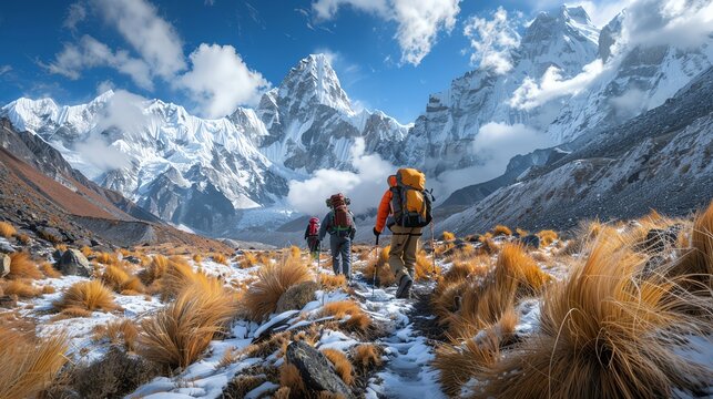A lone hiker stands on a rocky mountain peak overlooking a vast snow-capped mountain range. The sky is grey and cloudy, and the hiker is wearing a bright orange backpack.