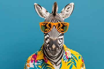 Obraz premium Fashionable zebra in orange sunglasses and colorful hawaiian shirt for a trendy look