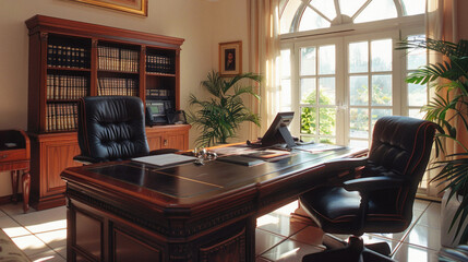A large office with a desk and two black leather chairs