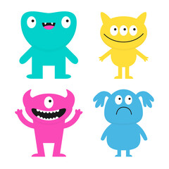 Happy Halloween. Four monster set. Cute cartoon kawaii funny boo character. Colorful silhouette monsters. Different face. Teeth, eyes, horns, hands. Childish style. White background Flat design Vector