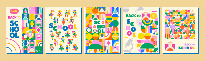 Set of 5 Back to School Templates. Modern, bright with a variety of school supplies and children who are in a hurry to learn. For announcements, advertisements, invitations, posters and much more