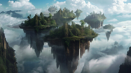 Fantasy world with floating islands and clouds in fantasy landscape
