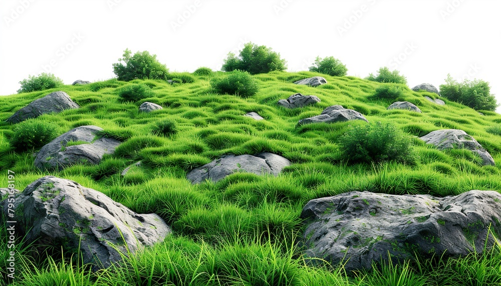 Wall mural grass fields meadow with rocks on transparent background